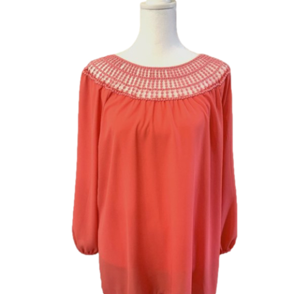 Coral Long sleeve blouse with unique embroidered see thru neck line, size XL